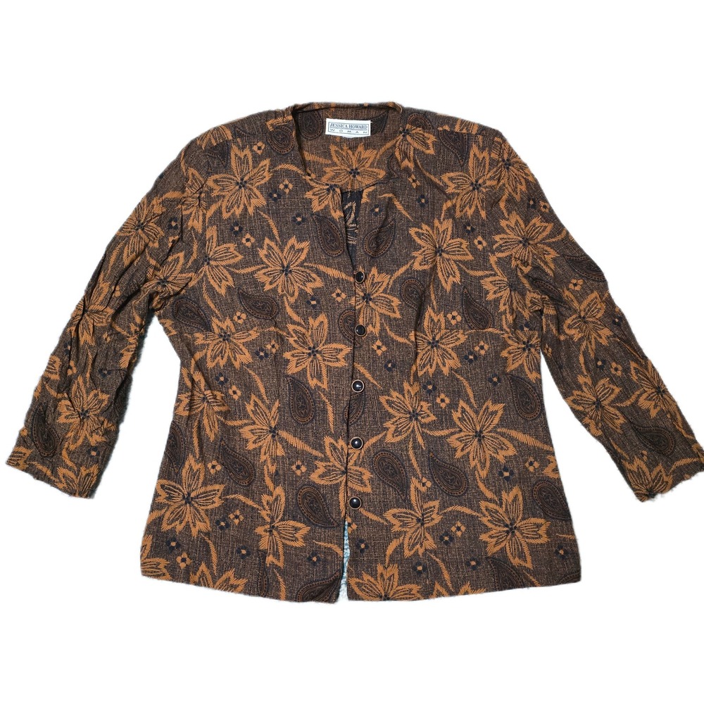 Jessica Howard Woman Floral Paisley Button Front 3/4 Sleeve Brown Top
(J)